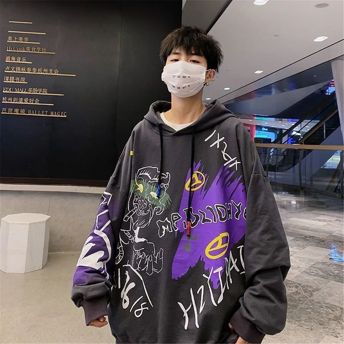 

Cool Gray Autumn Women Hoodies Japanese Graffiti Sweatshirt Winter Tops Loose Gothic Outwear Harajuku Hoodie Streetwear Females