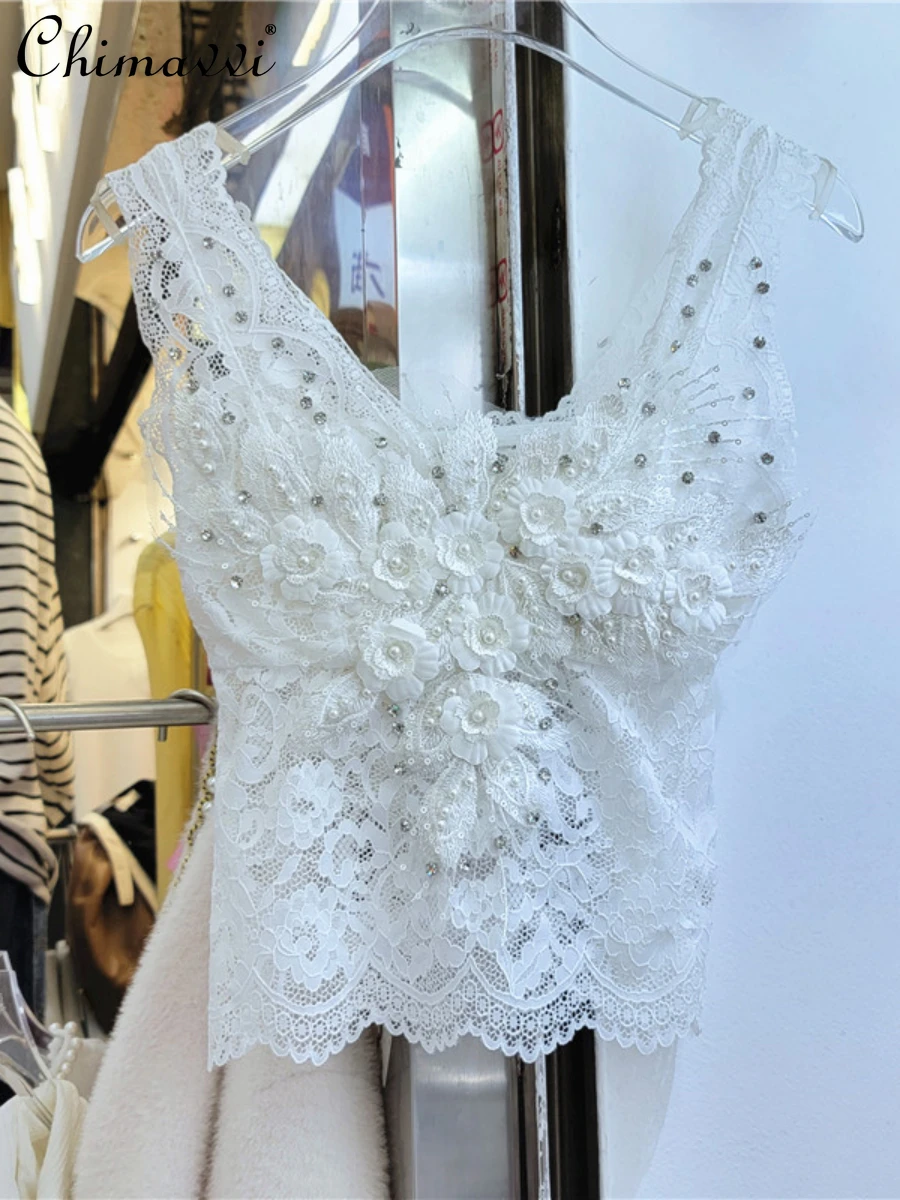 

2022 Summer Clothes New Fashion 3D Flower Diamond Design Lace Mesh Camisole Slim Temperament Chest Pad Vest Sling All-Matching