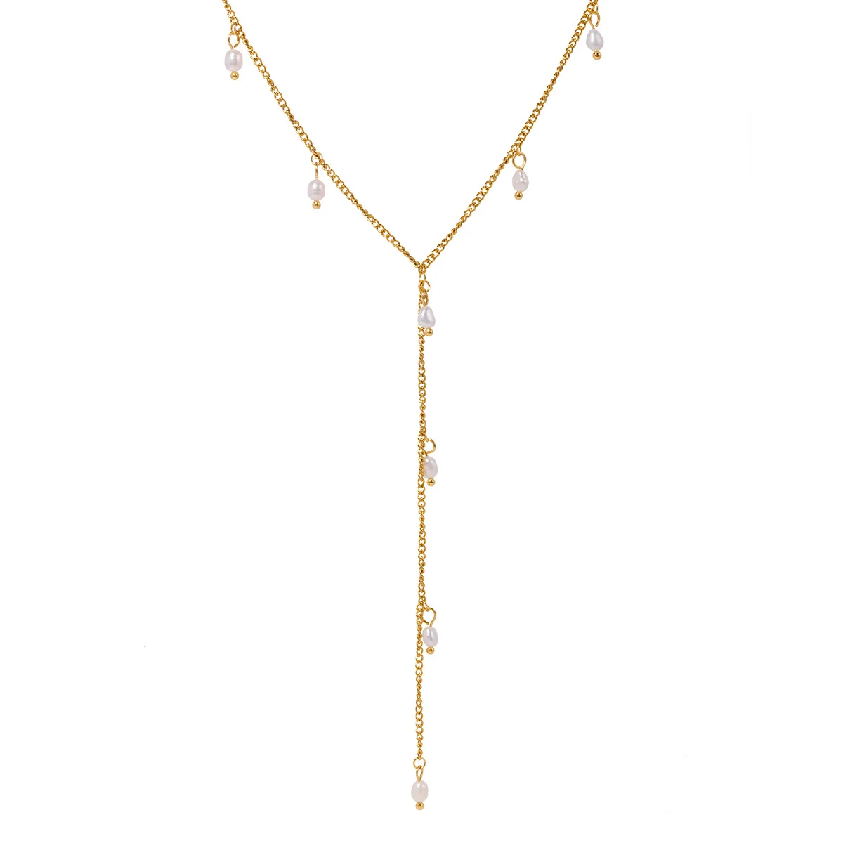 

ALLNEWME French Real Freshwater Pearl Long Tassel Charm Necklaces for Women 18K Gold PVD Plated Titanium Steel Strand Choker
