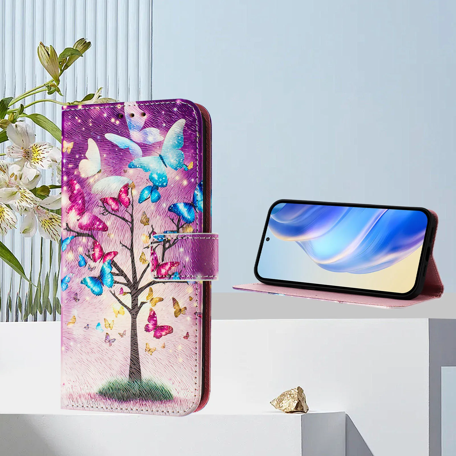 Фото Кожаный чехол-книжка для Honor Magic7 Magic 7 6 5 400 600 200 Lite Pro с милым котом, бабочкой, цветами, кошельком, держателем для карт и подставкой №2