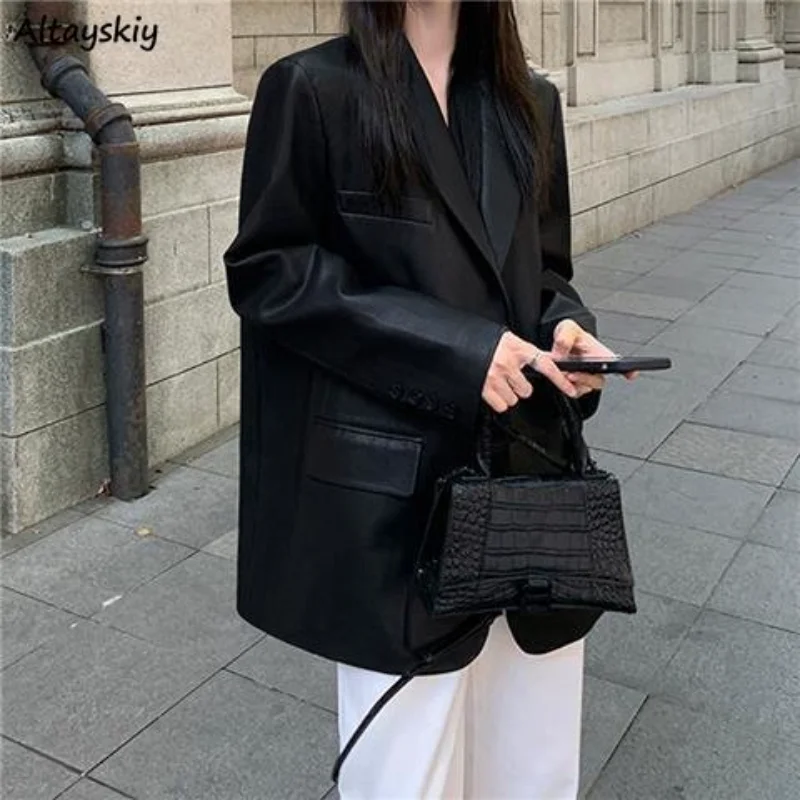 

PU Blazers Women Office Lady Spring Outwear Streetwear Chic Vintage Unisex Temperament Black Popular Mature All-match