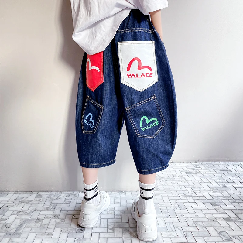 

Summer Boys Jeans Blue Kids Denim Shorts 2/3 pants Loose Casual Print Short Knee Length Pants Hip Hop Cowboy Children's Shorts