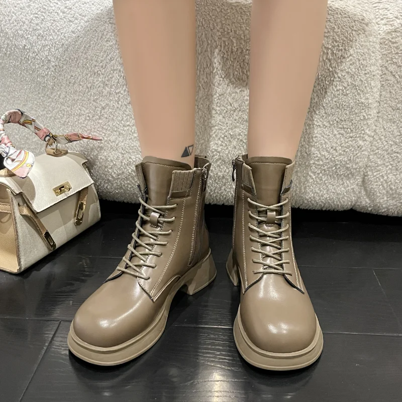 

Новинка Зима 2022, модные женские Ботинки, Ботильоны, ботинки челси на шнуровке, женские ботинки на молнии с круглым носком, женская обувь для женщин