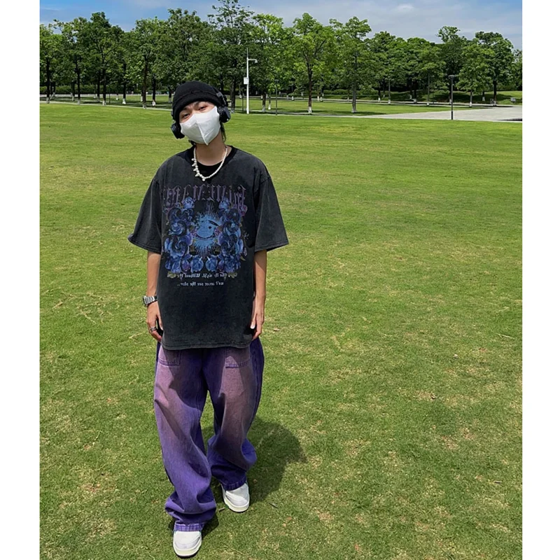 Streetwear Men 2022 New Style Recreational Comfortable Purple Jeans Loose Temperament Versatile Wide Leg Mop Pants Autumn Female