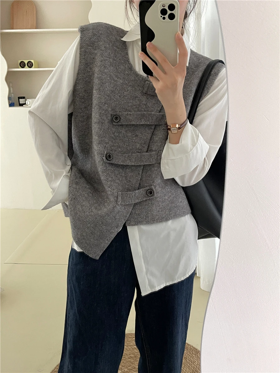 

SuperAen Autumn New Irregular Vest Women's New Design Layered Shoulder Vest Cardigan Top
