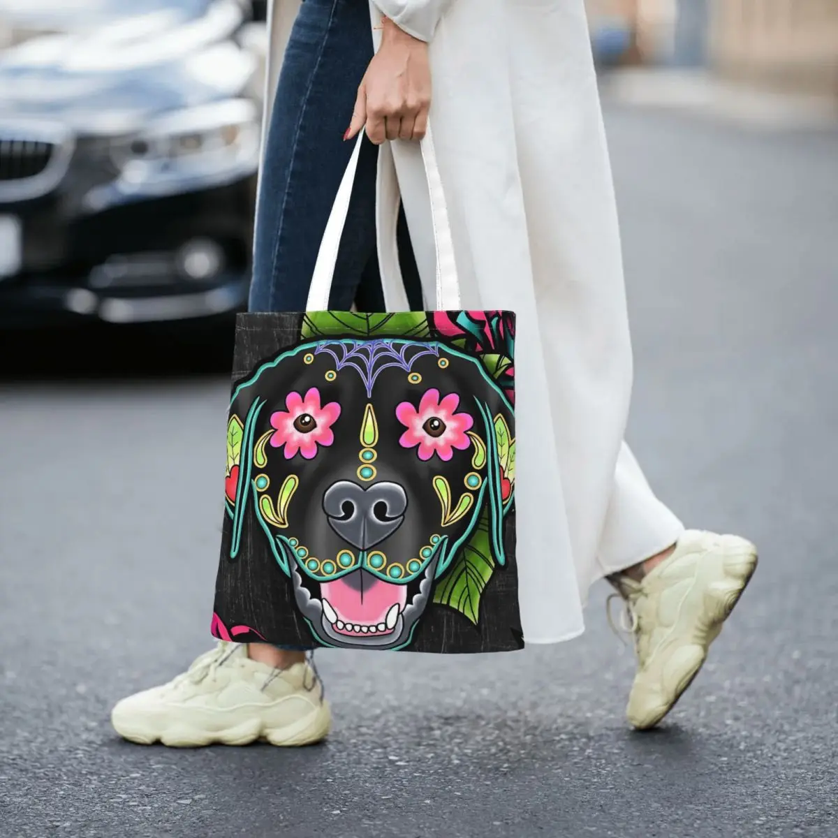 Day Of The Dead Lab Sugar Skull Dog Women Canvas Handbag Large Capacity Shopper Bag Tote Bag withSmall Shoulder Bag