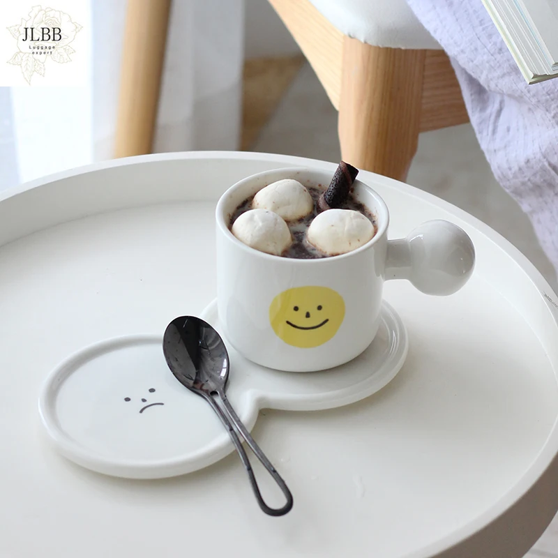 

Cute Smiling Face Mug With Dish Creative White Coffee Cup Saucer Korean Afternoon Tea Cup Set Kitchen Home Office Drinkware Gift
