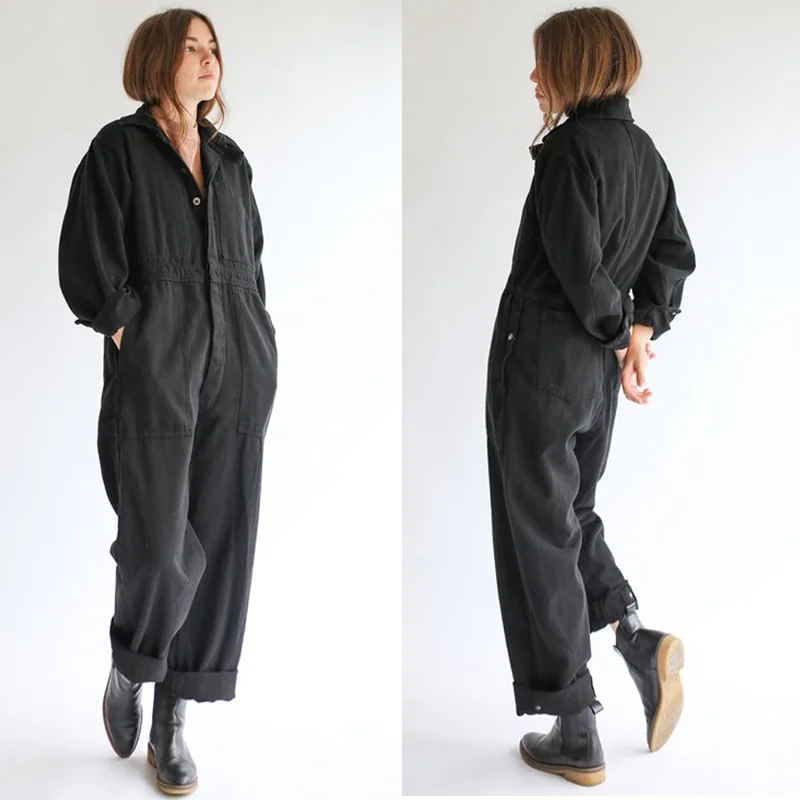 Homemade YUTU&MM Women's black long-sleeved jumpsuit overalls cotton jumpsuit couple models spring new loose casual pants trend