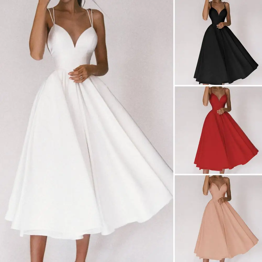 

Женское длинное платье до колена, с тонкими бретельками