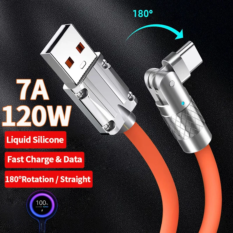 

120W 6A Micro USB Type C Fast Charging 180 Degree Rotation Elbow Cable For Playing Game For Iphone Xiaomi Charger Liquid Silicon
