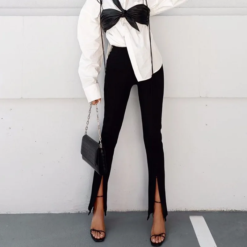 

Women Solid Color Foot Zipper Split Fork Slim Trousers