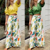 summer casual two piece set women fashion v neck puff sleeve top printed wide leg pants suit two piece set women