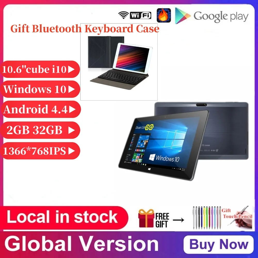 

10.6'' Cu be i10 Dual OS Windows 10+Android 4.4 Tablet PC Quad Core 2G 32G 1366*768IPS HDMI-compatible With BT Keyboard Case