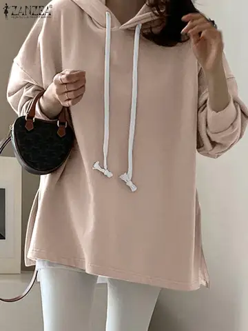 ZANZEA New Women Elegant Lace-up Blouse Fashion Long Sleeve Hoodies O-Neck Solid Color Casual Tops Street Vintage Sweatshirts