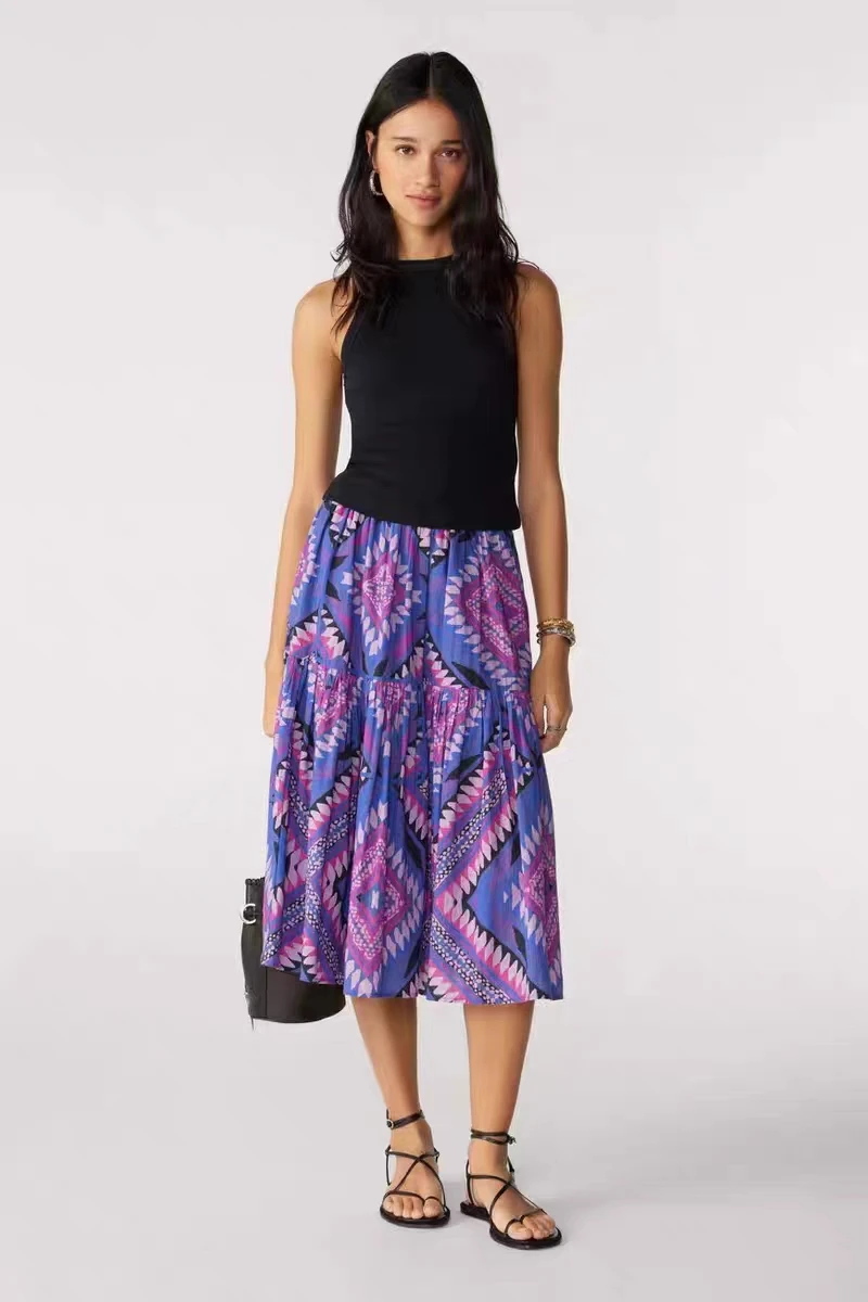 

Women's Pleated Skirt Bohemian Geometric Abstract Print High Waist Summer 2023 Ladies A-line Midi Jupe
