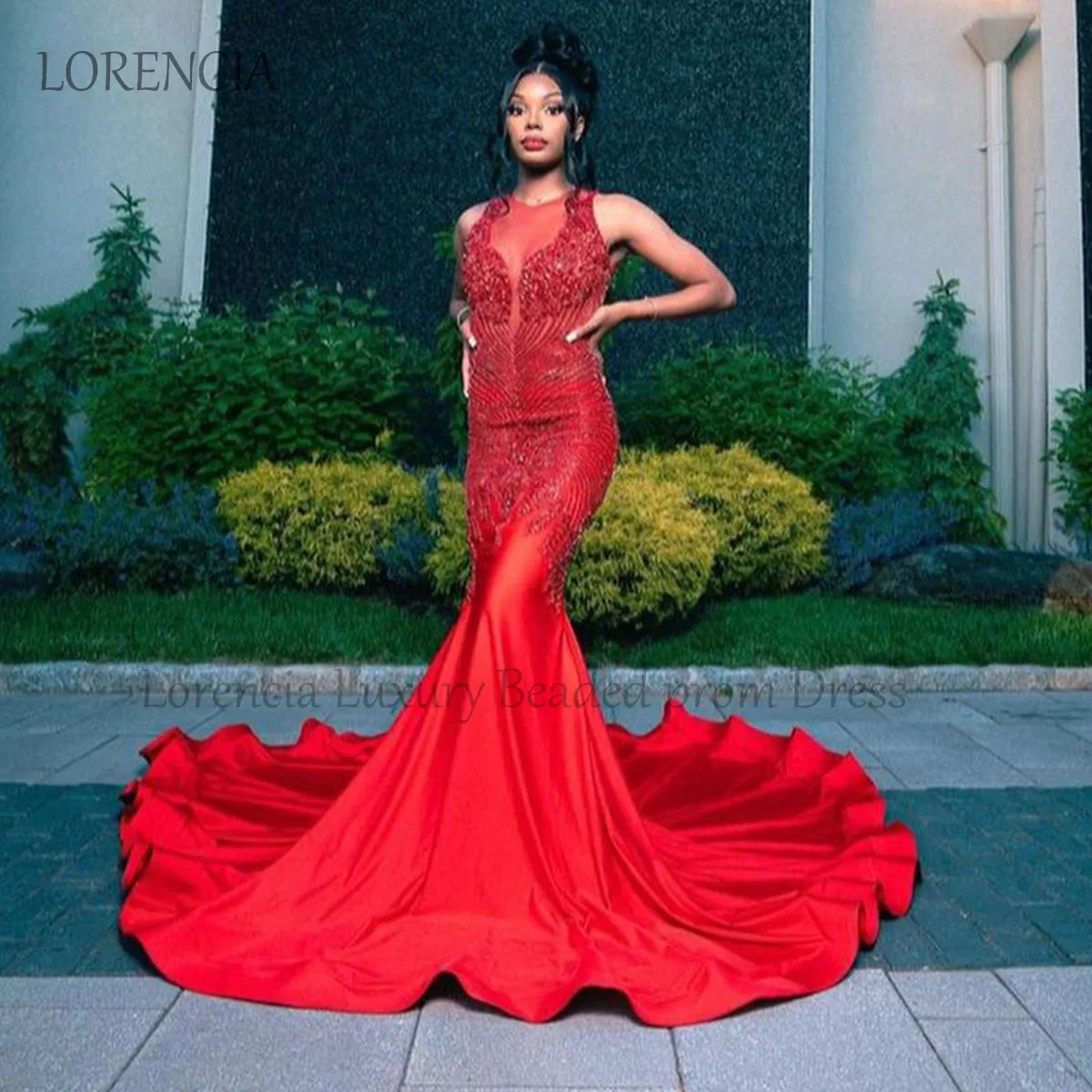 Роскошное длинное платье русалки 2024 красного цвета со стразами для выпускного