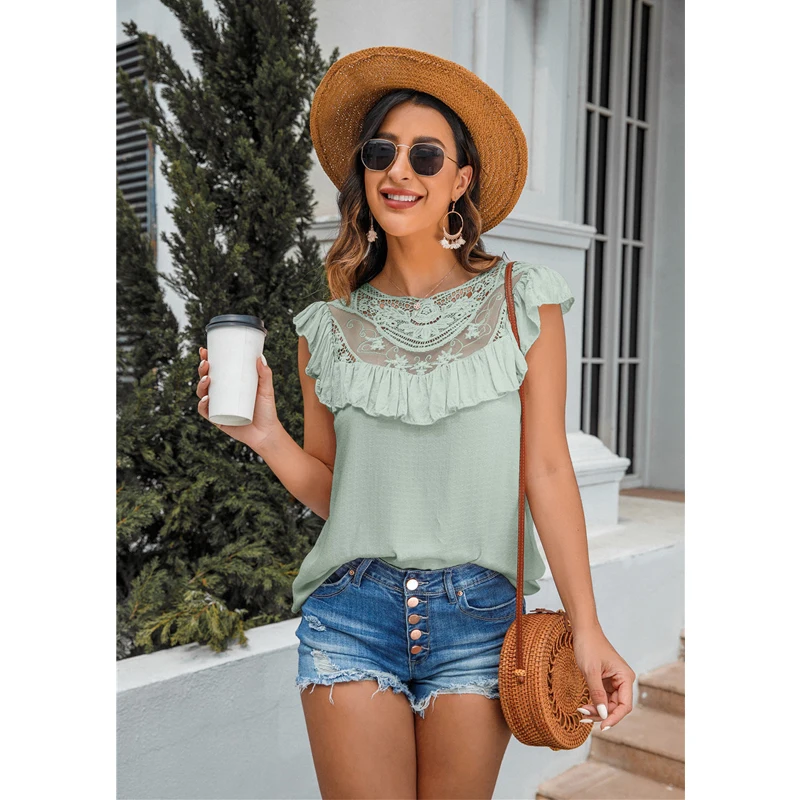 

CINESSD Ruffles Chiffon Blouses O Neck Lace Patchwork Embroidery Casual Tops 2022 Summer Flying Sleeve Bean Green Solid Blouse