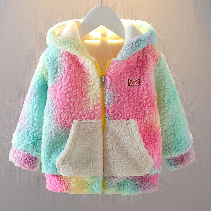 New Winter Baby Girls Clothes Faux Fur Fleece Coat Warm Kids Jacket Rainbow  Snowsuit Children Hooded Jacket Outerwear