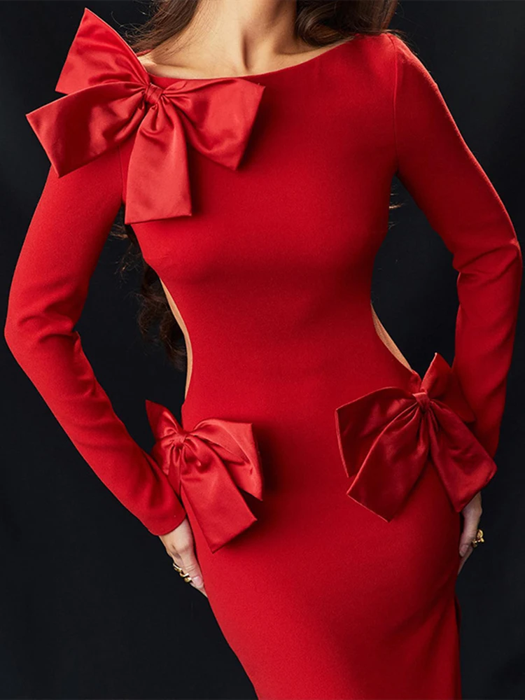 

Red Long Dresses Women Sexy Hollow Out Backless Split Bodycon Dress Female Elegant Fashion Bow Patchwork Christmas Party Dresses