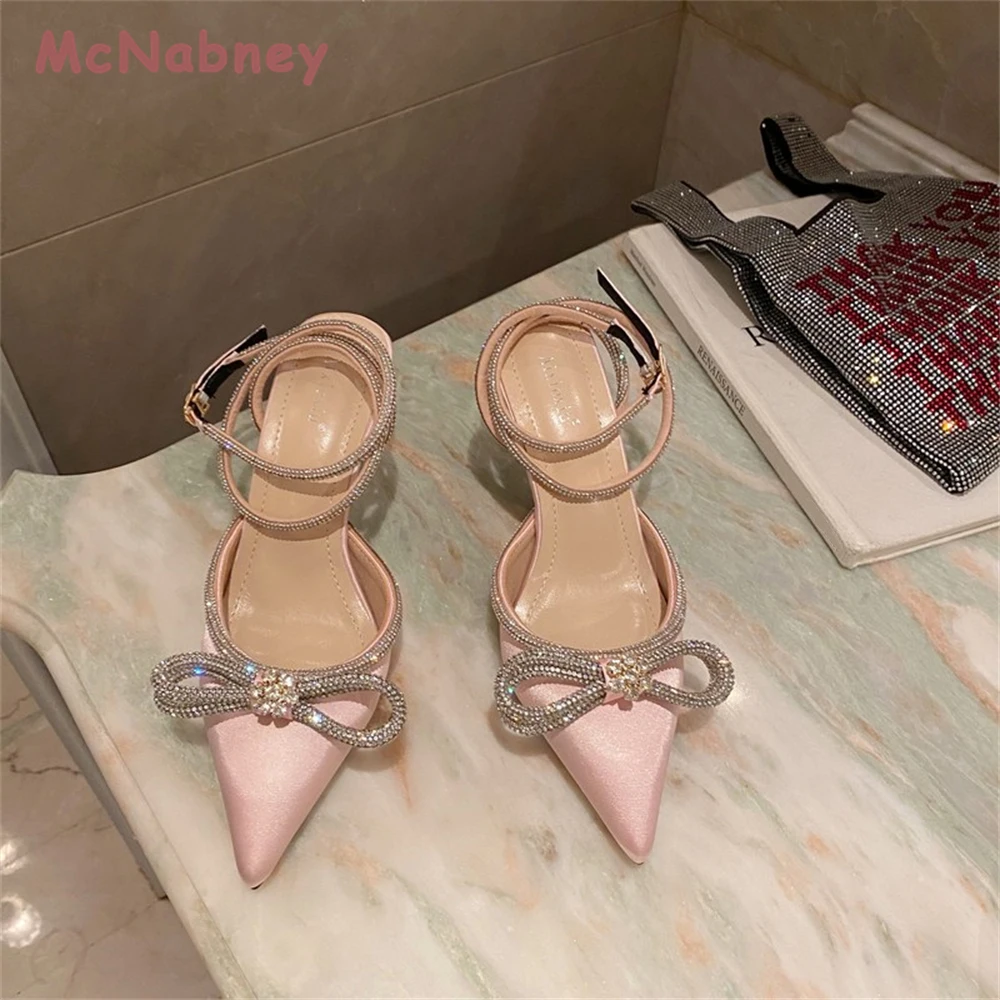Glitter Women Pumps Crystal Bowknot Rhinestone Pointed Toe Stiletto Sandals Summer Lady Shoes High Heels Party Prom Shoes