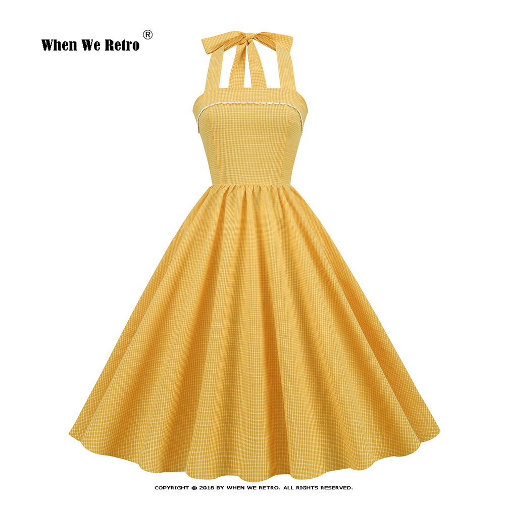 

VD3120 Hepburn Retro Style Temperament Plaid Lace Word Neck Open Back Holiday Yellow Halter Neck Mid-Length Swing Dress Female