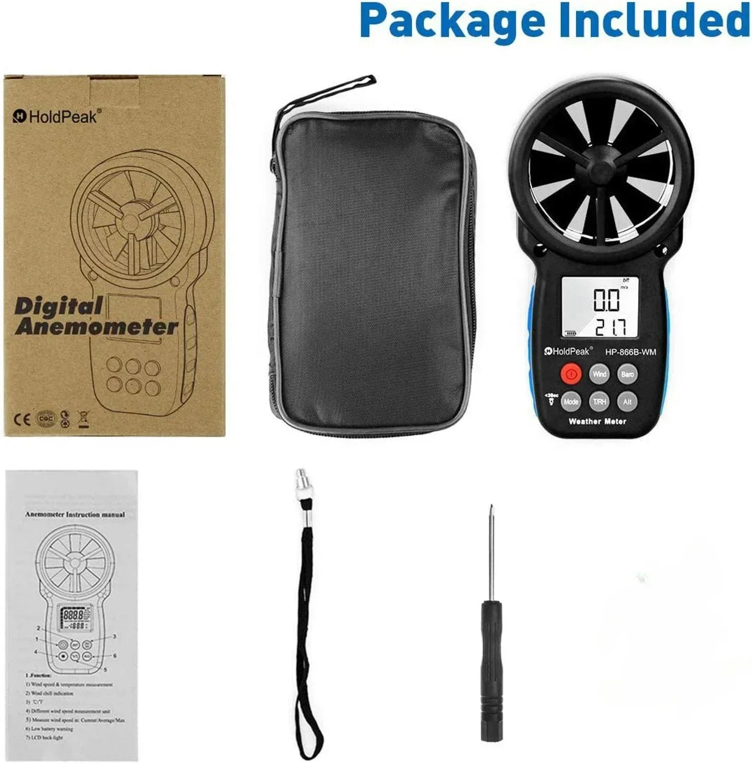 Анемометр HoldPeak HP-866B-WM Измеритель скорости ветра Цифровой датчик Чашка Anemometro 30 м/с