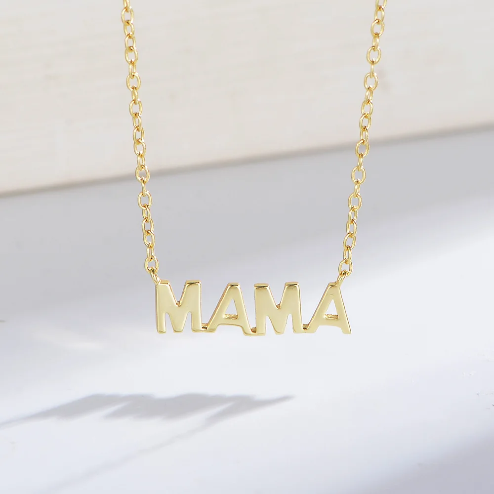 

S925 sterling silver plated 14K glossy mama letter pendant Mother's Day necklace female chain