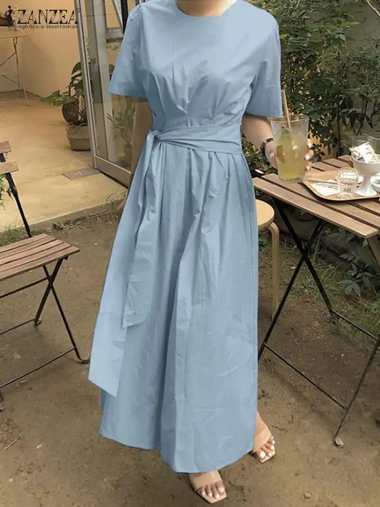 

Women Fashion Short Sleeve Solid Mid-calf Sundress ZANZEA Elegant Summer Casual Work OL Dress Robe Femme Belted Vestido Kaftan