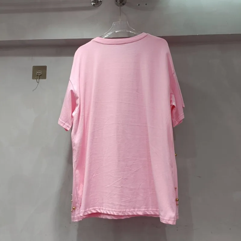 Корейский стиль темперамент универсальная футболка с круглым вырезом и бусинами