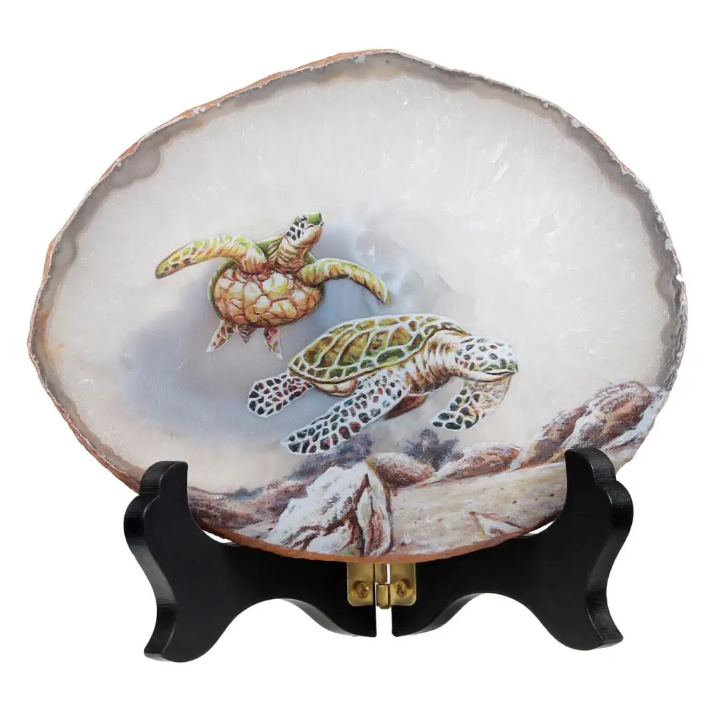 

Healing Irregular Natural Agate Slices With Wooden Base Stand Bear Wolf Sea Turtle Owl Pattern Nordic Home Ornaments Table Decor