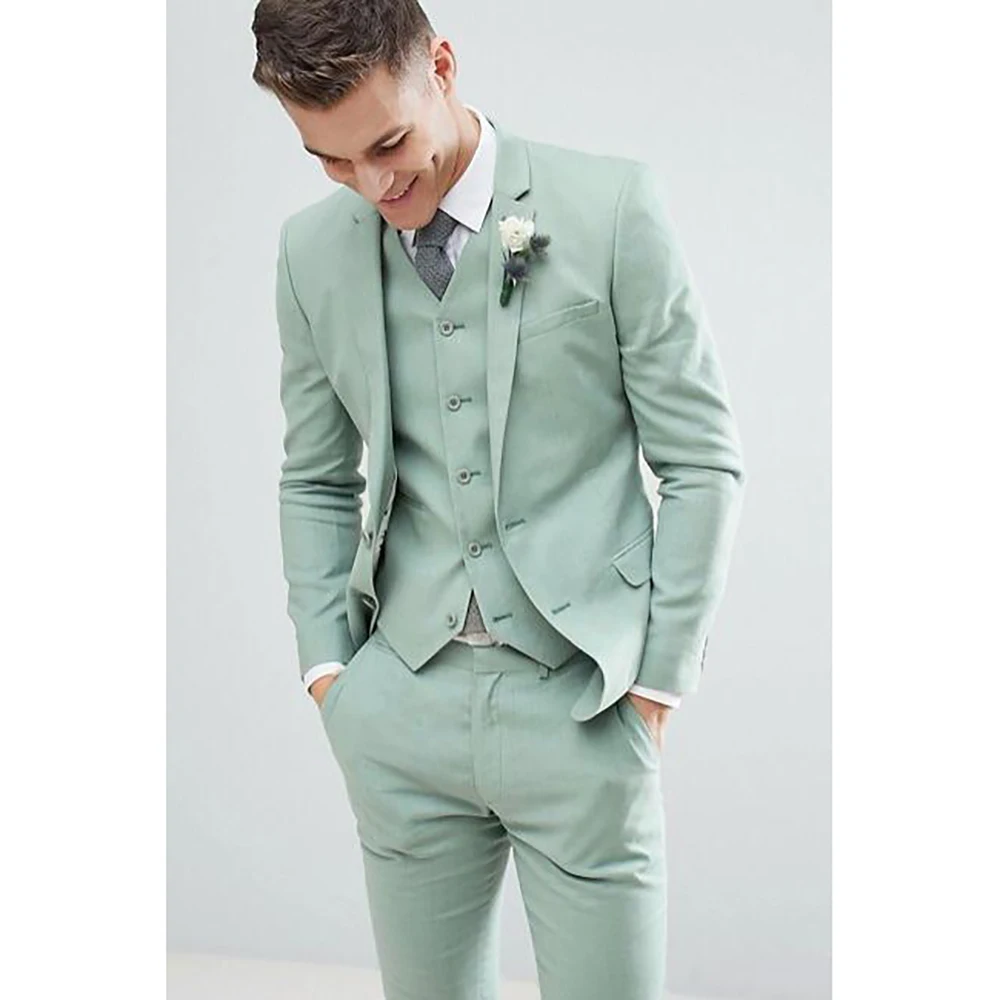 Green Lapel Slim Fit Custom Made Handsome Wedding Suits Groom Tuxedos Formal Wears Groomsman Suits 3 Pices (Jacket+Pants+vest)