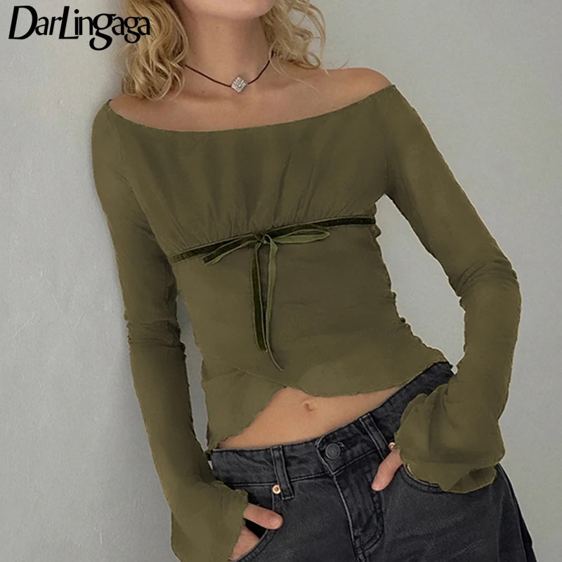 

Darlingaga Fairycore Green Slim Women T shirts Off Shoulder Bow Spliced Folds Vintage Y2K Top Clothes Irregular Autumn Shirt New