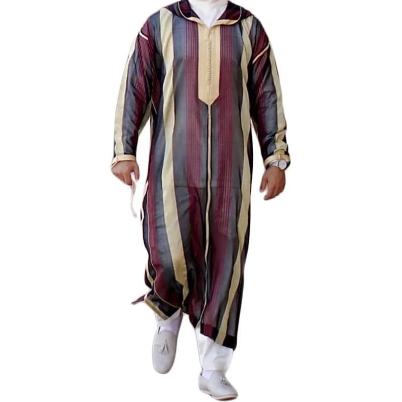 Lapel Muslim Mens Long Sleeve Thobe Middle East Saudi Arab Kaftan Islamic Abaya Dress Dubai Robes with Striped Pattern