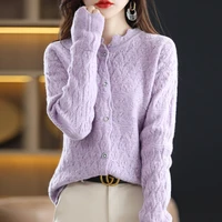 high quality womens 100 pure wool knit sweater long sleeve chic cardigan retro cutout elegant fashion loose comfortable jacket