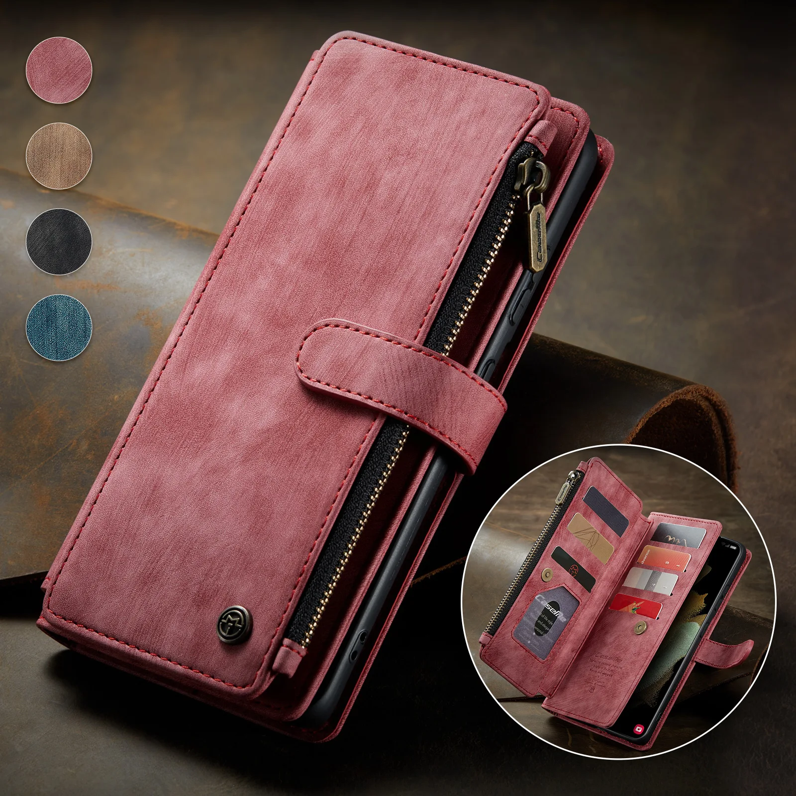 

Zipper Wallet Case for Samsung S22 Plus Ultra Vintage Card Coin Purse Protective Leather Case for Galaxy S22U/S22+ S 22 Cover