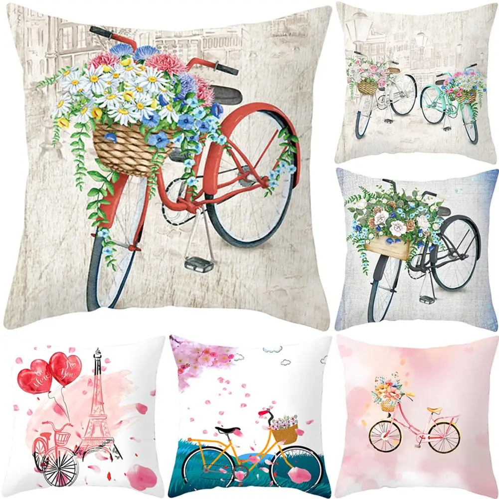 Flowers Bicycle Pillowcase Peach Skin Digital Printing Pillowcase Sofa Car Decoration Pillowcase