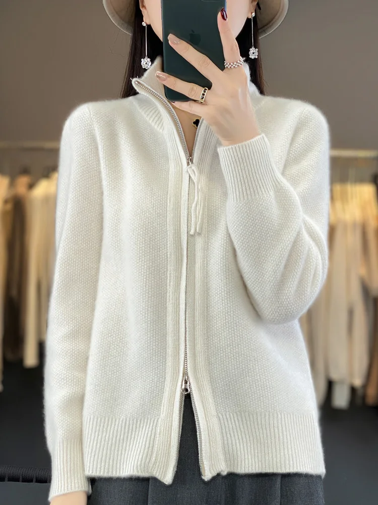 Женский кардиган из 100% мериносовой шерсти с воротником-стойкой