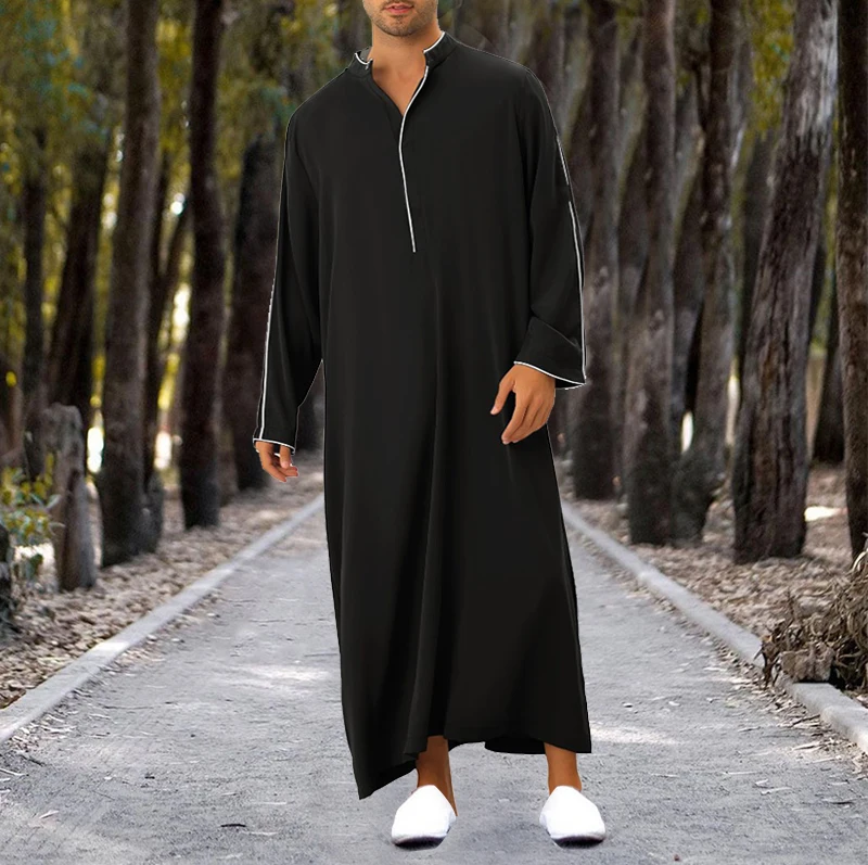 Men's Long Shirt Muslim Robe Islamic Ramadan Juba Kaftan Dishdash Arabic Robe Eid Al-Fitr Umra Hajj T-shirt Dress Men's Coat