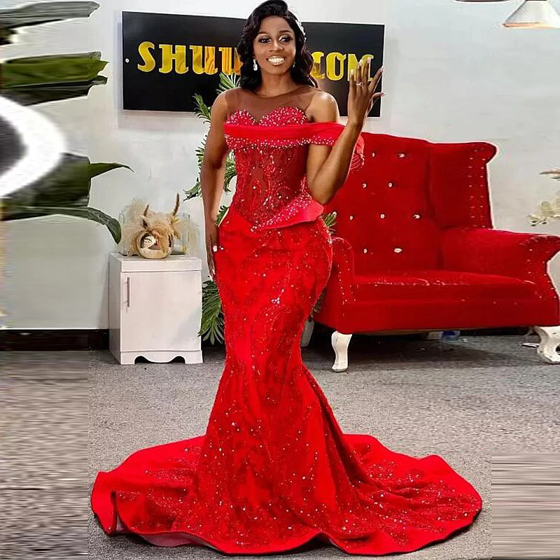 

Aso Ebi Prom Dresses Peplum estidos elegantes para mujer Beading Applique Mermaid Red Evening Dress Long Bead Party Gowns