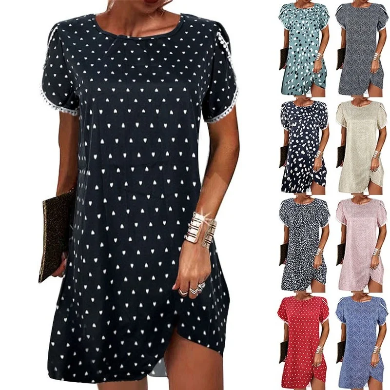 

2022 Summer Dress Fashion Casual Women's Clothing Dress New O Neck Lace Dress Print Short-sleeved Women's Dress Vestido De Mujer