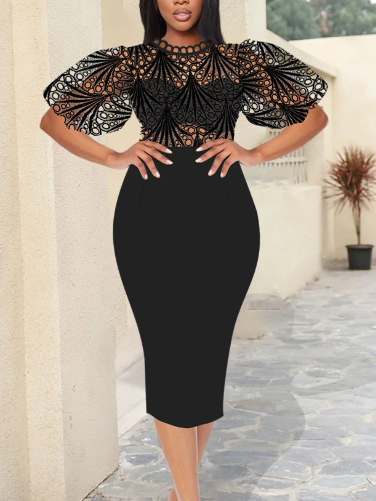 

Женское ажурное кружевное платье в стиле пэчворк с коротким рукавом-фонариком, пикантное облегающее вечернее праздничное элегантное плать...