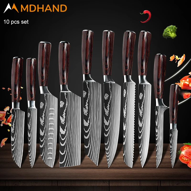 

Chef Knife Set 7CR17MOV Stainless Steel Laser Damascus Pattern Japanese Santoku Knife Cleaver Slicing Utility Knife