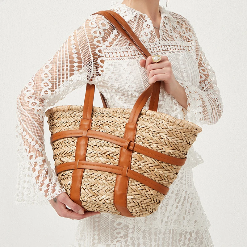 

Petscog Designer Wicker Women Shoulder Bags Rattan Basket Large Capacity Handbag Summer Beach Fashion Shopping Tote Bolsa 2022