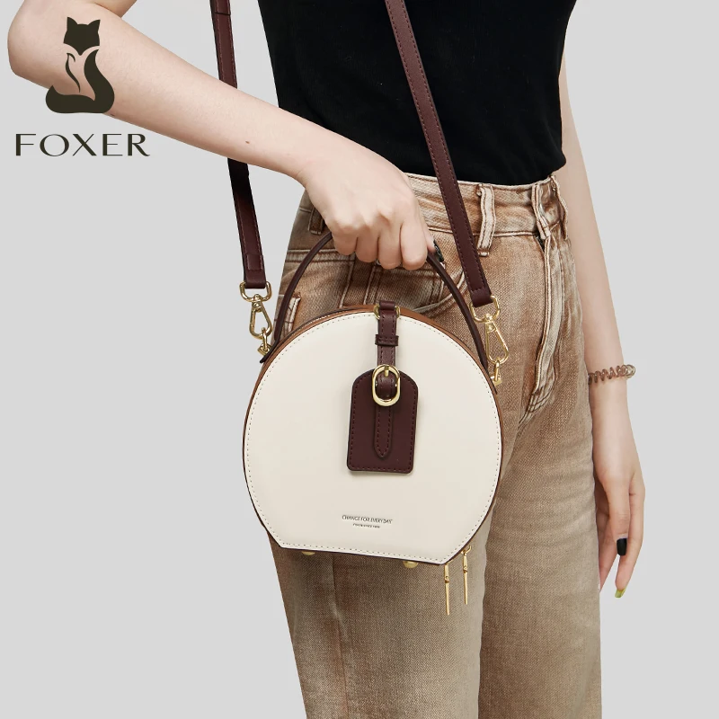 FOXER Female Stylish Round Crossbody Bag Split Leather Shoulder Bag Lady Design Circular Messenger Zipper Women's Small Handbags