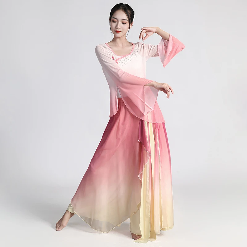 

Women Gauze Top 2 Layers Wide Leg Chiffon Pantskirt Performance Suit Folk Fairy Dress Hanfu Chinese Classical Dance Costumes