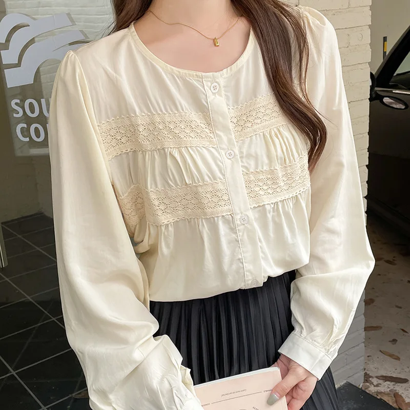 

Рубашки Женские однотонные модные французские нежные винтажные с круглым вырезом и длинными рукавами темпераментные женские блузки в Корейском стиле универсальные шикарные