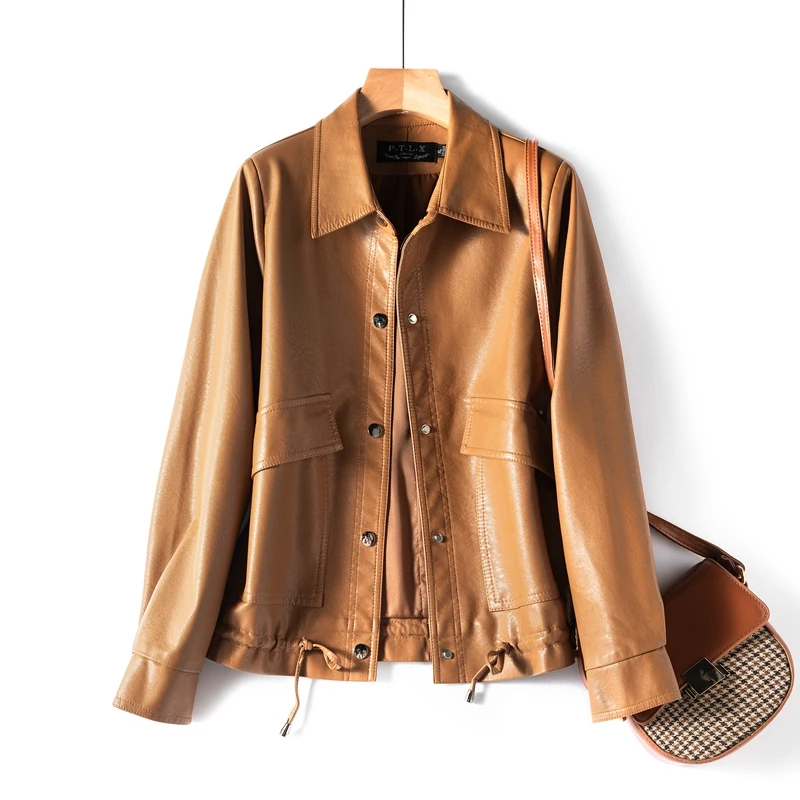 New Autumn Black Leather Coat for Women Brand Long Sleeve Single Breasted Loose PU Leather Coat Female Outerwear High Quality