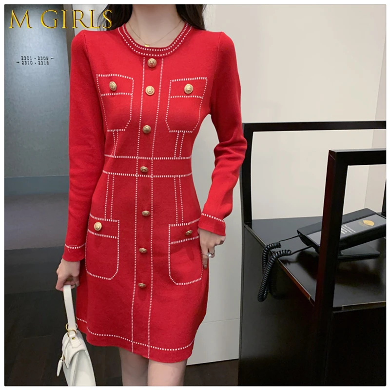

Women's Temperament Pullover Knitted Dress Autumn Winter Long Sleeve O-Neck Single Breasted Button Casual Sweater Dress Female