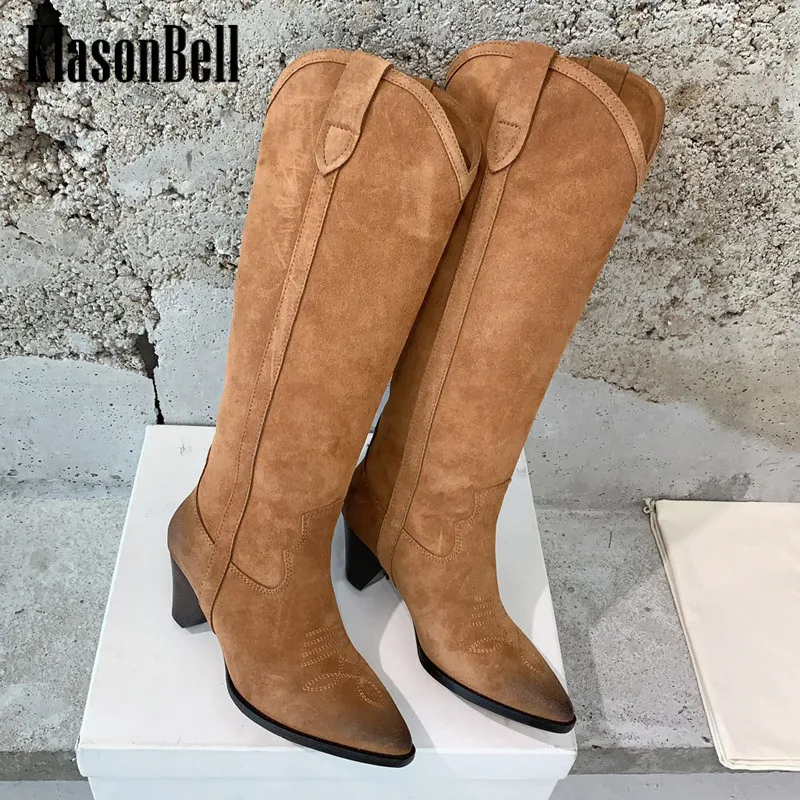 

10.9 KlasonBell Fashion Retro Embroidery Cow Suede Thick Heel Pointed Toe Knight Martin High Calf Boots Women