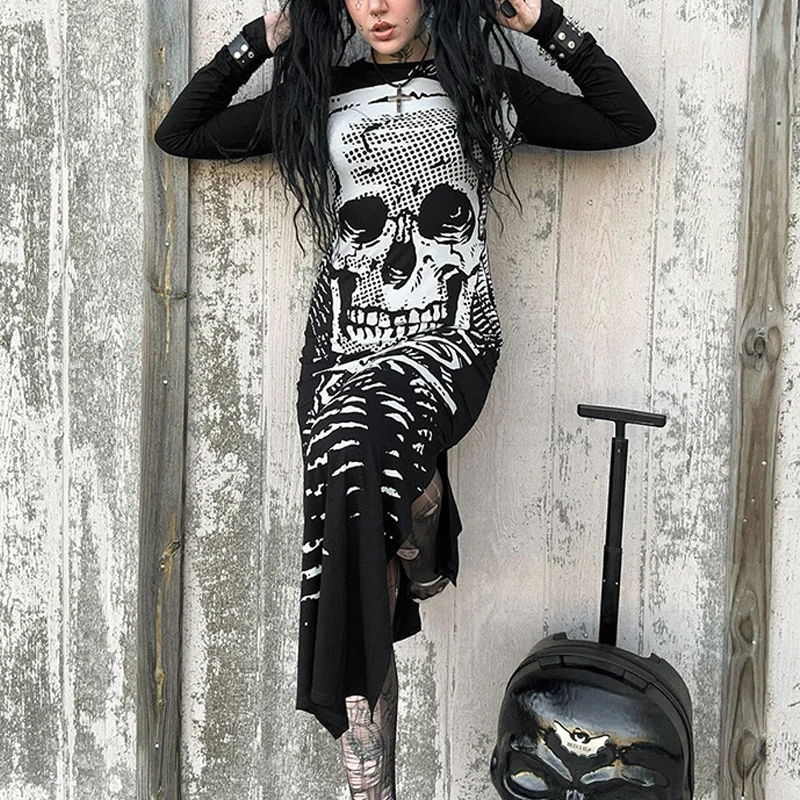 

Goth Dark Skull Printed Mall Gothic Aesthetic Midi Dresses Grunge Punk Sexy Split Black Dress Women Emo Long Sleeve Alt Clothes